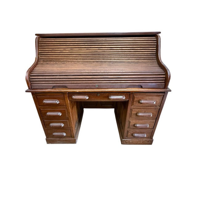 1970s National Mount Airy Furniture Roll Top Oak S Curve Desk For Sale In Dallas - Image 6 of 7