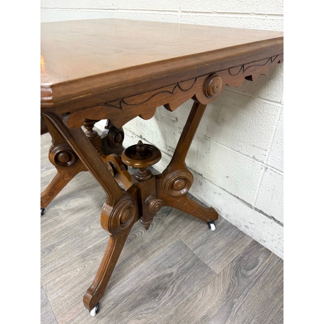 Antique W & M Salmans Victorian Eastlake Carved Oak Trestle Base Library Table For Sale In Kansas City - Image 6 of 10
