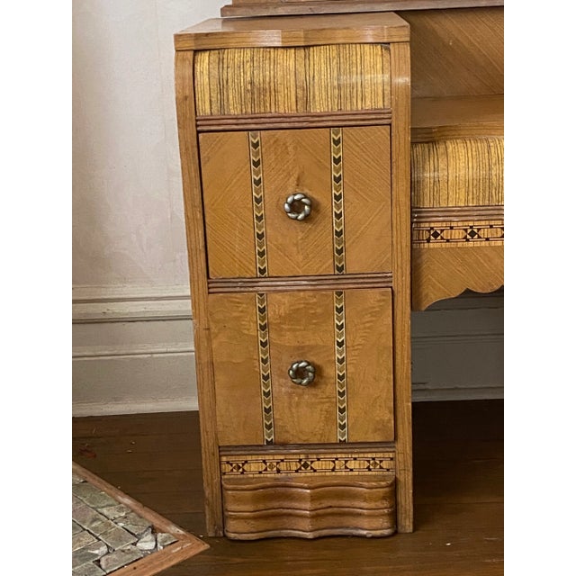 Art Nouveau Early 20th Century Vintage Art Nouveau Vanity Desk & Mirror Waterfall Front For Sale - Image 3 of 13