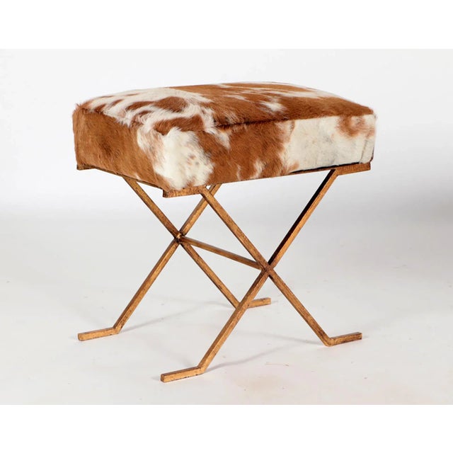 Pair Gilt-iron Cowhide X-frame Benches in the Jean Michel-Frank Manner