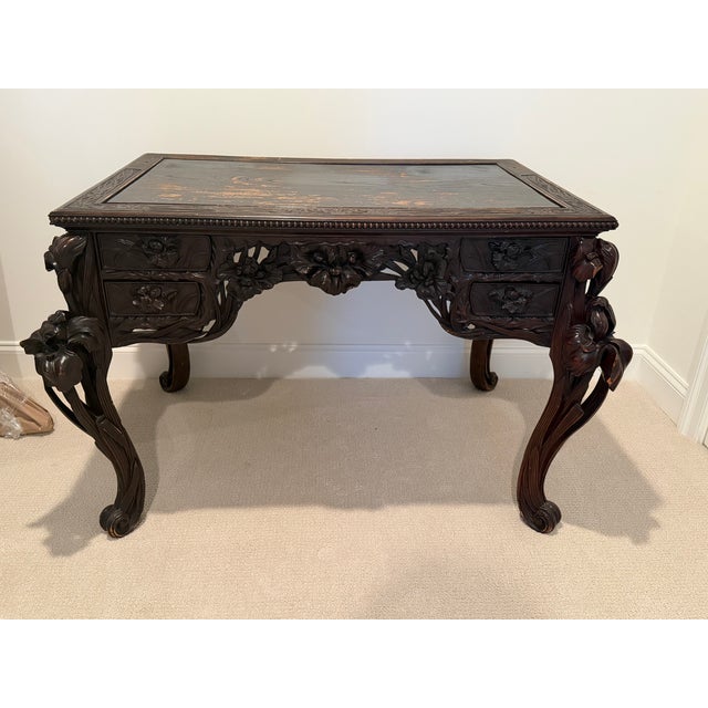 Antique French Art Nouveau Hand-Carved Walnut Writing Desk With Iris & Dragonfly Motifs For Sale In Washington DC - Image 6 of 6