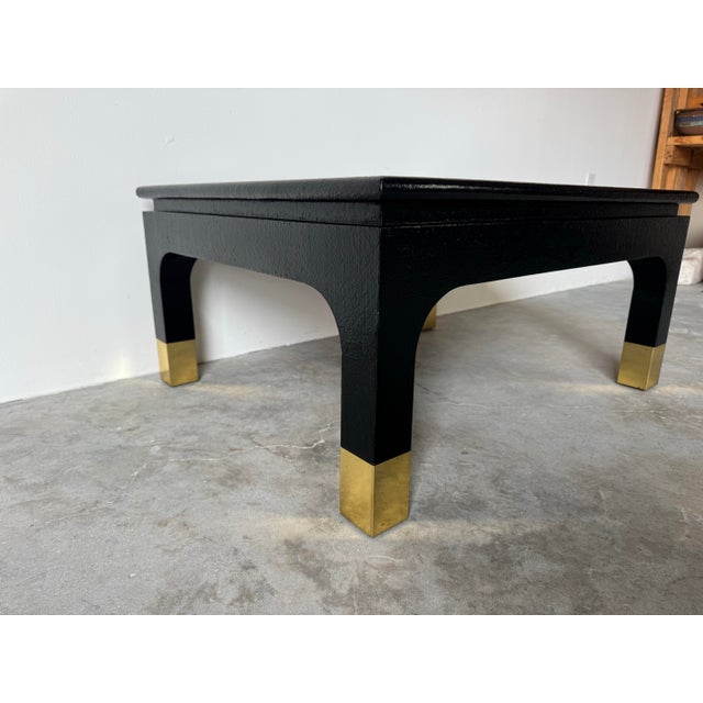 1970s Harrison Van Horn Textured Black Grasscloth Coffee Table With Brass Feet/ Sold For Sale - Image 5 of 12