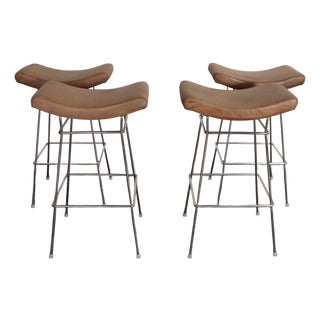 Set of Four Brazilian Leather and Stainless Steel Bar Stools by Fernando Jaeger For Sale