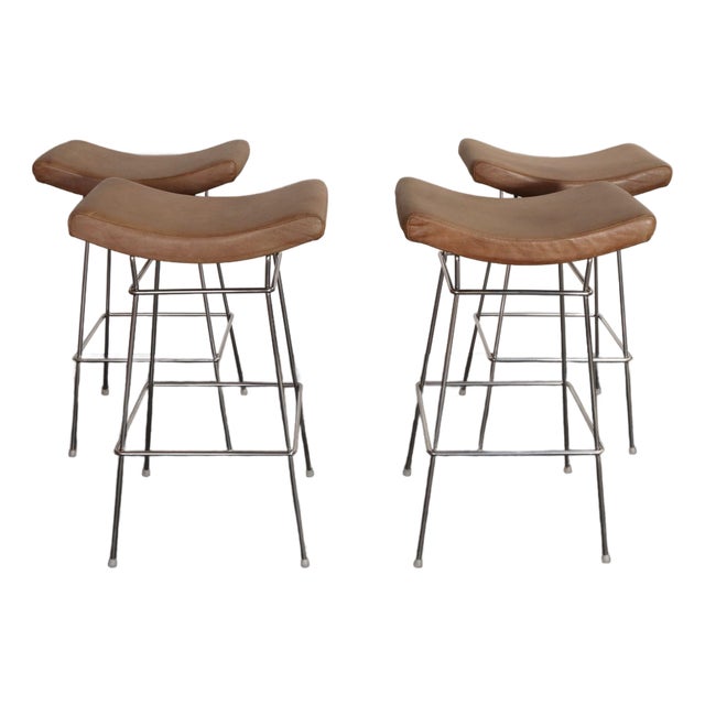 Set of Four Brazilian Leather and Stainless Steel Bar Stools by Fernando Jaeger For Sale