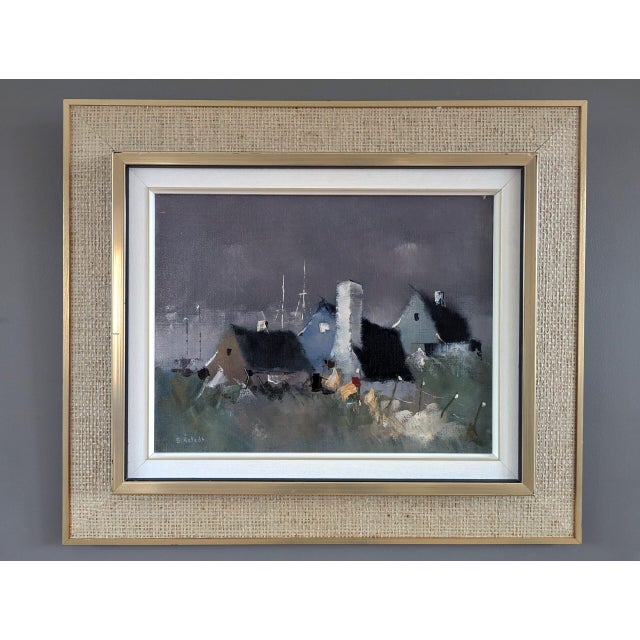 AS DUSK SETS Size: 18.1 x 21.3 inches (including frame) Oil on canvas A tranquil and atmospheric mid-century semi-abstract...