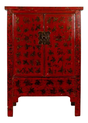 Chinese Red Lacquered Qing Dynasty 19th Century Cabinet with Chinoiserie Décor