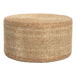 Woven Water Hyacinth Round Large Tan Ottoman, 16" x 29" For Sale