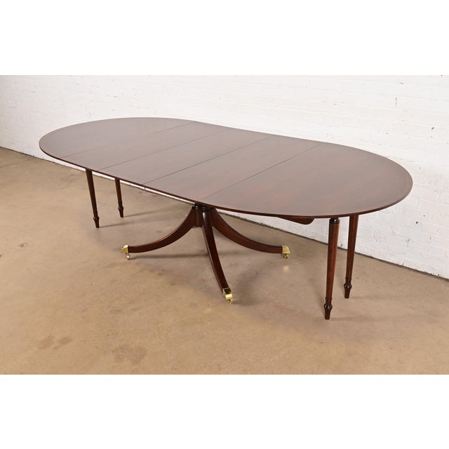 1960s Baker Furniture Georgian Banded Cherry Wood Pedestal Extension Dining Table, Newly Refinished For Sale - Image 5 of 14