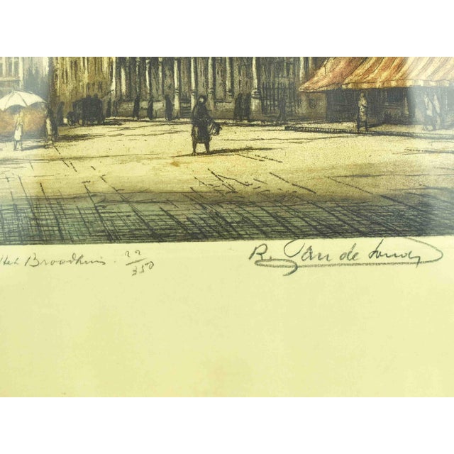 Wood Early 20th Century Original Signed René Van De Sande Etching "Maison Du Roi" Grand Place Brussels Belgium Etching Print For Sale - Image 7 of 11