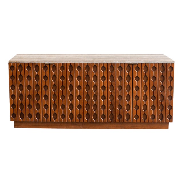 Brutalist Carved Wood Sideboard with Travertine Top For Sale