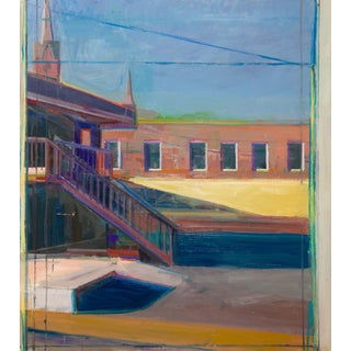 Fort Smith Hotel by Hiroshi Sato | Oil on Canvas Depiction of a hotel exterior with stairs and windows For Sale