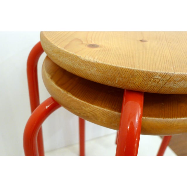 Scandinavian Stools in Wood and Red Lacquered Metal, 1980s, Set of 2 For Sale - Image 12 of 13