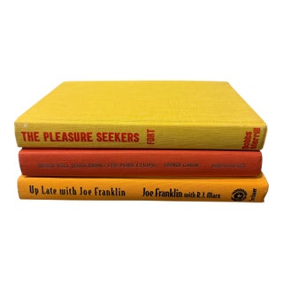 Vintage Citrus Monochromatic Hardcover Book Stack - Set of 3 - Tangerine Orange & Lemon Yellow - Mid-Century Nyc Counterculture Decor For Sale