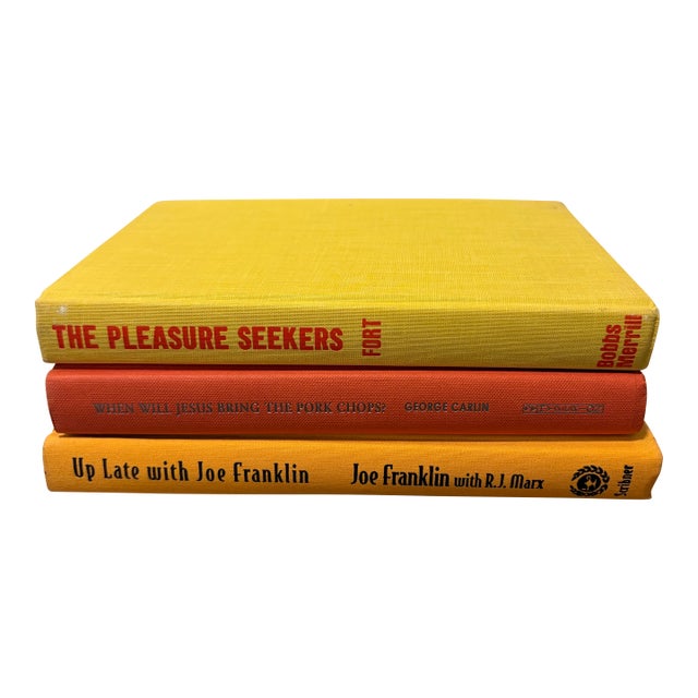 Vintage Citrus Monochromatic Hardcover Book Stack - Set of 3 - Tangerine Orange & Lemon Yellow - Mid-Century Nyc Counterculture Decor For Sale
