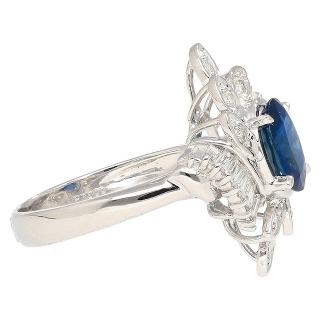 Contemporary Natural 1.52 Carat Oval Blue Sapphire and Diamond Platinum Floral Ring For Sale - Image 3 of 9
