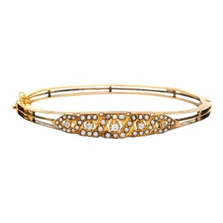 Antique Edwardian Bracelet Pearl Diamond 14k Yellow Gold Bangle Vintage Jewellery For Sale