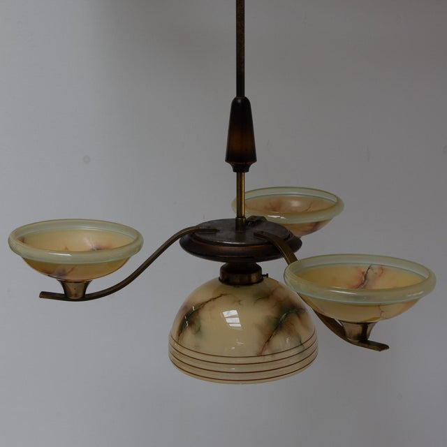 Art Deco Danish Brass Chandelier with Marbled Opaline Shades, 1930s. For Sale - Image 11 of 18