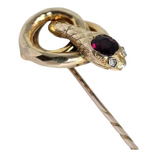 Antique Victorian 9ct Gold Garnet and Diamond Serpent Stickpin, 1890s For Sale
