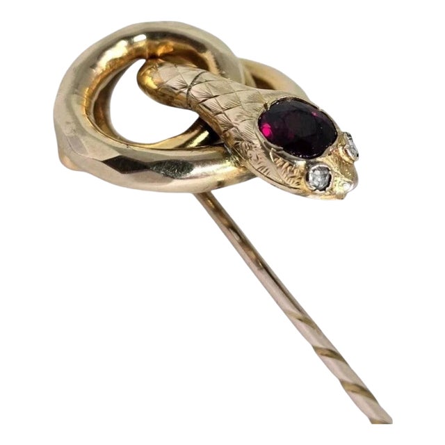 Antique Victorian 9ct Gold Garnet and Diamond Serpent Stickpin, 1890s For Sale