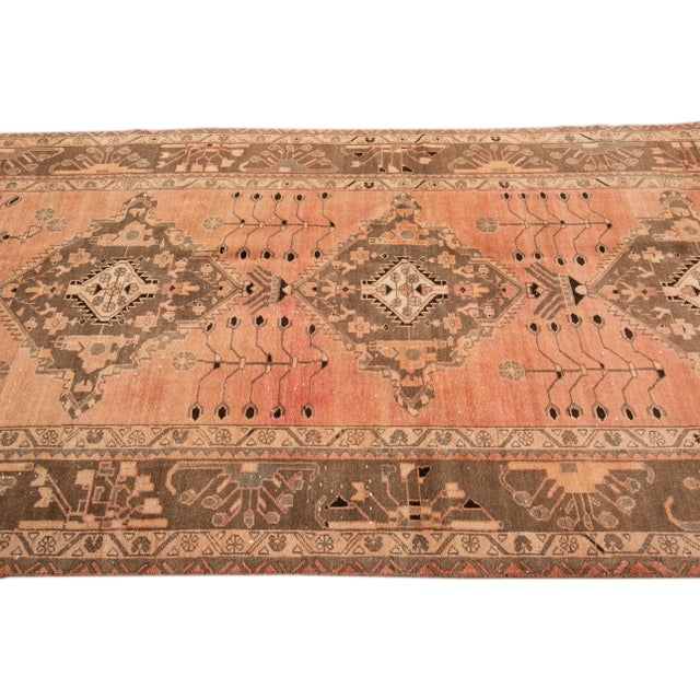 Vintage Distressed Medallion Peach Wool Runner For Sale In New York - Image 6 of 9