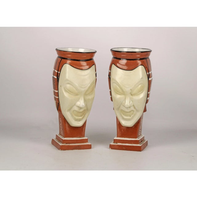 Art Deco Pair of Antique French Vases Made of Hand-Painted Unglazed Porcelain Representing Two Faces/Masks, Signed by Aladin For Sale - Image 3 of 8