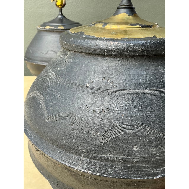 Ebony Vintage Greek Painted Terracotta Lamps - A Pair For Sale - Image 8 of 12