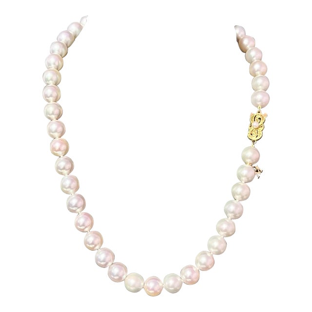 Late 20th Century Mikimoto Estate Akoya Pearl Necklace 18" 18k Y Gold 10 MM Certified For Sale