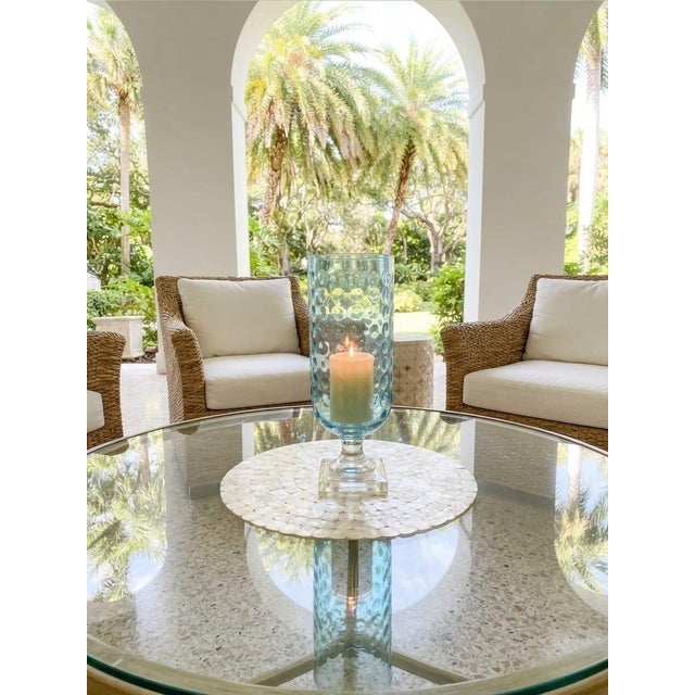 Vintage Light Aqua Hobnail Glass Hurricane Lantern on Clear Pedestal Base For Sale - Image 10 of 12