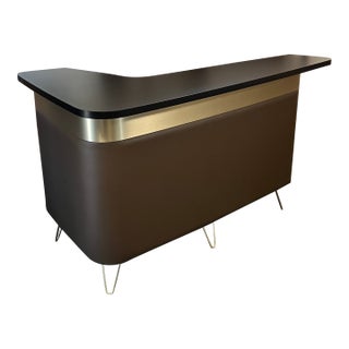 Large Boomerang Shaped Home Bar in Dark Brown Faux Leather With Brass Accents For Sale