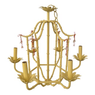1940s 6 Light Faux Bamboo Tole Chandelier For Sale