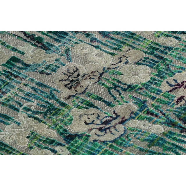 Modern Hand-Knotted Silk Floral Rug Green Blue and Gray Pattern For Sale In New York - Image 6 of 9