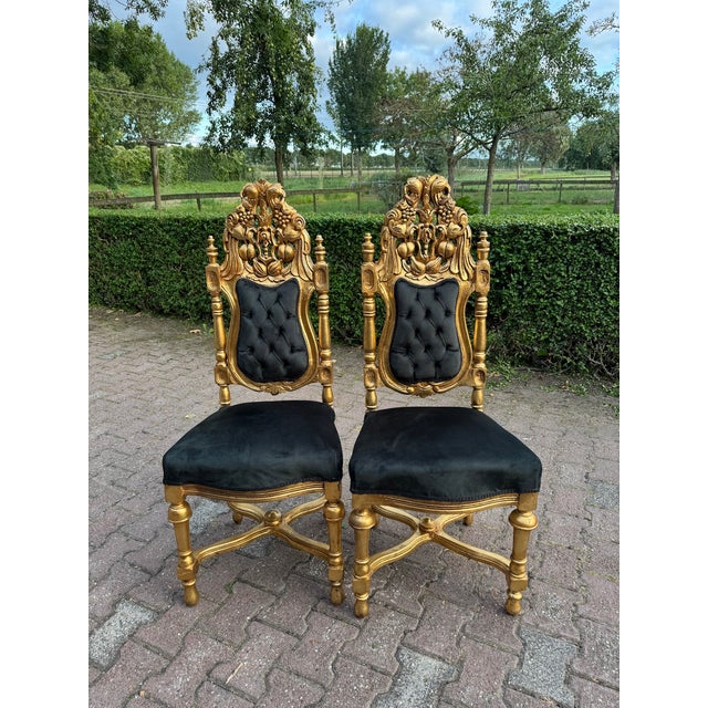1900 Italian Rococo Gilded Beech Black Velvet Chairs – Set of 8pcs For Sale - Image 9 of 18
