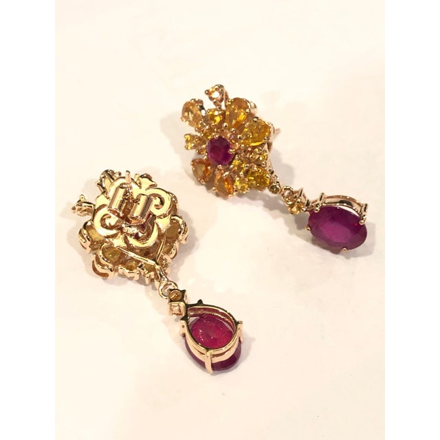 Bochic "Orient" Ruby & Yellow Sapphire Earrings Set 18K Gold & Silver Centers - Natural Oval Shapes Rubies 8.00 carat...