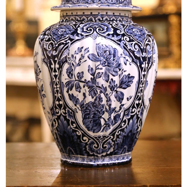 Royal Blue Pair of Blue and White Faience Royal Sphinx Delft Ginger Jars With Foo Dog Lids For Sale - Image 8 of 12