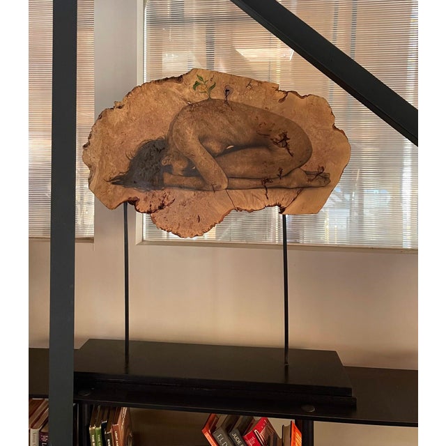 Contemporary Rebirth by Oda & King | Oil on maple burl depicting a curled figure on wood. For Sale - Image 3 of 4
