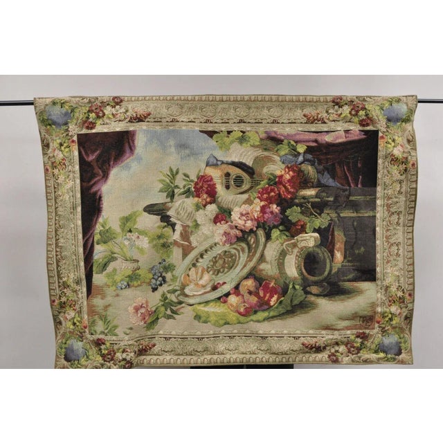 Jacquard Woven French Wall Tapestry Still Life Flowers & Mandolin by J&D. Item featured has an Adjustable rod, ornate...