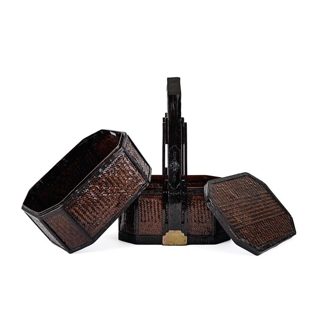 Late 19th Century Antique 2 Two Tiered Chinese Wedding Basket in Dark Wood & Bamboo Rattan For Sale - Image 5 of 12