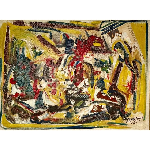 Mid century painting depicting people in a village by Spanish artist JA, Martinez, 1963. Signed lower left, with frame....