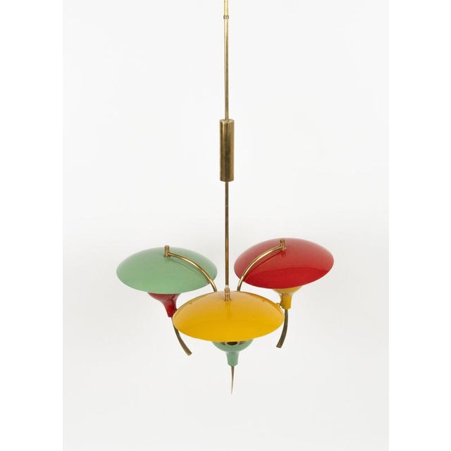 Gold Mid-Century Chandelier in Enamel Metal and Brass in the style of Stilnovo, Italy, 1950s For Sale - Image 8 of 17