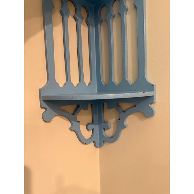 Blue Mid-20th Century Chippendale Style Gingerbread Fretwork Corner Shelf With Distressed Blue Patina For Sale - Image 8 of 10