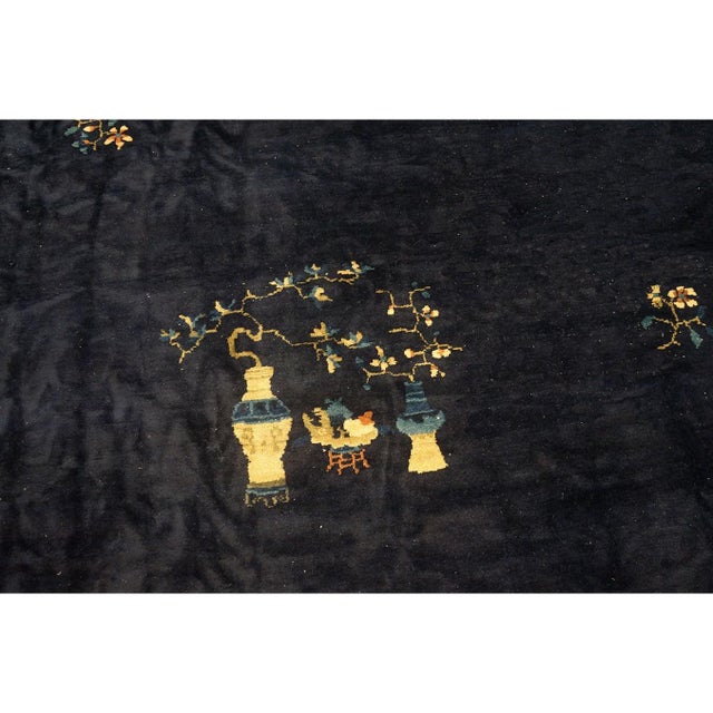 Navy Blue Antique Chinese Wool Blue Rug Art Deco Design Room Size 1920s 9' 1" X 11' 5" For Sale - Image 8 of 10
