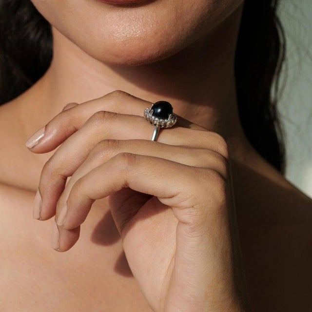 Vintage Inspired Natural Black Star & Zircon Halo Cocktail Ring Size 8 For Sale - Image 6 of 13