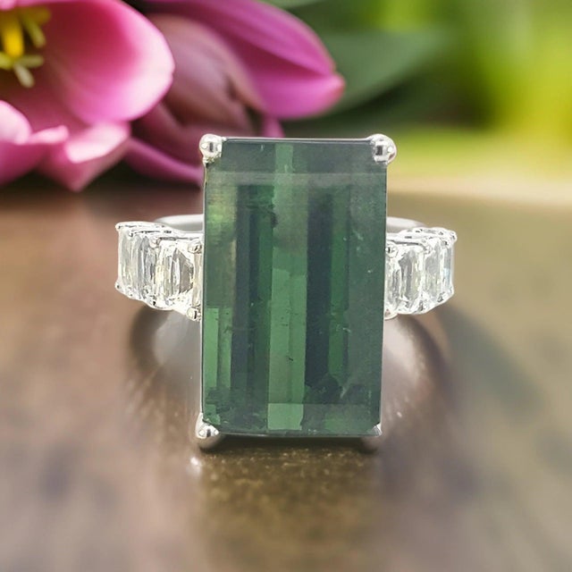 Natural Tourmaline White Sapphire Ring 6.75 14k WG 21.03 TCW Certified For Sale - Image 18 of 18