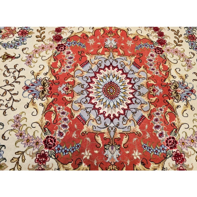 Vintage Persian Tabriz Area Rug, Hand-Knotted Wool & Silk, Floral Pattern, Ivory & Salmon, 5x7 For Sale - Image 13 of 16