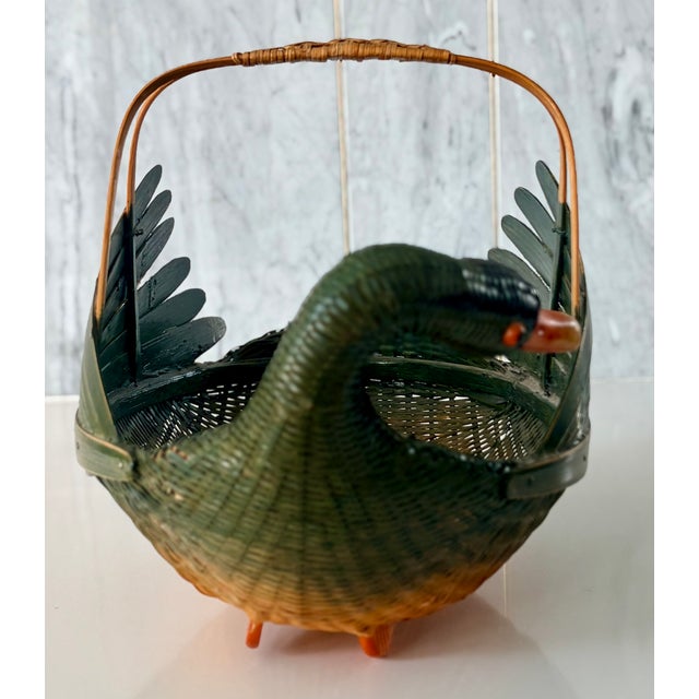 Green Vintage Chinese Green Folk Art Swan Hand-Woven Wicker Basket With Bamboo Handle For Sale - Image 8 of 13