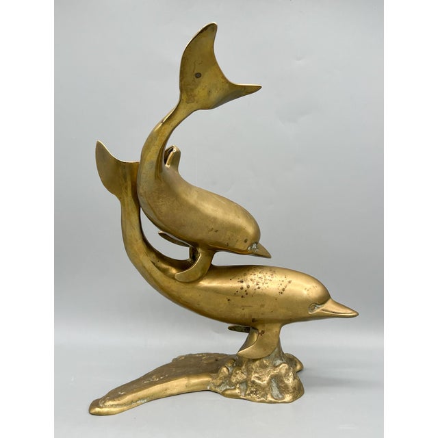 Oversized Vintage Brass Double Dolphin Figure For Sale - Image 4 of 11