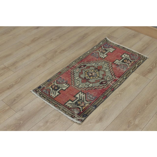 Traditional 1970s Turkish Boho Style Geometric Red Doormat Rug For Sale - Image 3 of 13