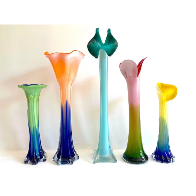 Various Artists Vintage 1990's Post Modern Hand Blown Art Glass Multicolor Ombre Flowers Contemporary Vases - Set of 5 For Sale - Image 4 of 13
