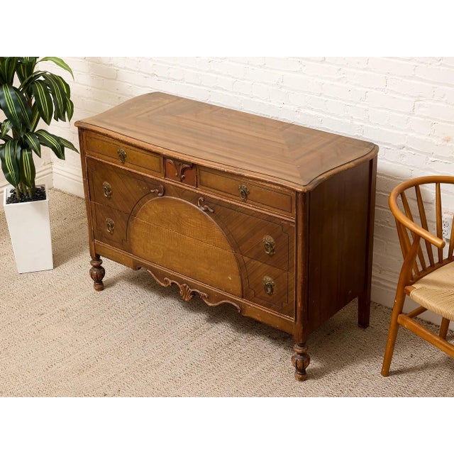 Vintage Art Deco Waterfall Dresser With Decorative Inlay and Ring Pulls For Sale - Image 4 of 12