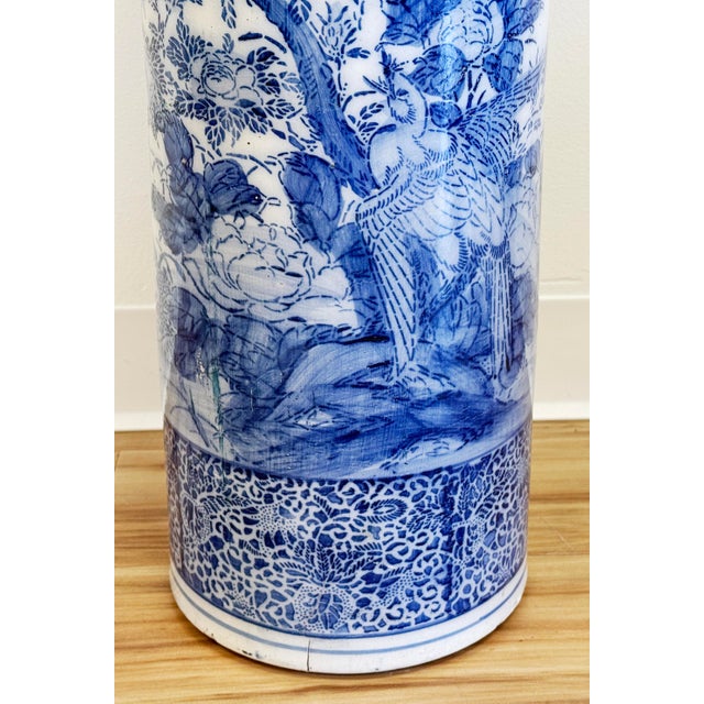 Blue Vintage Chinoiserie Ceramic Blue and White Floral Motif Umbrella Stand For Sale - Image 8 of 10